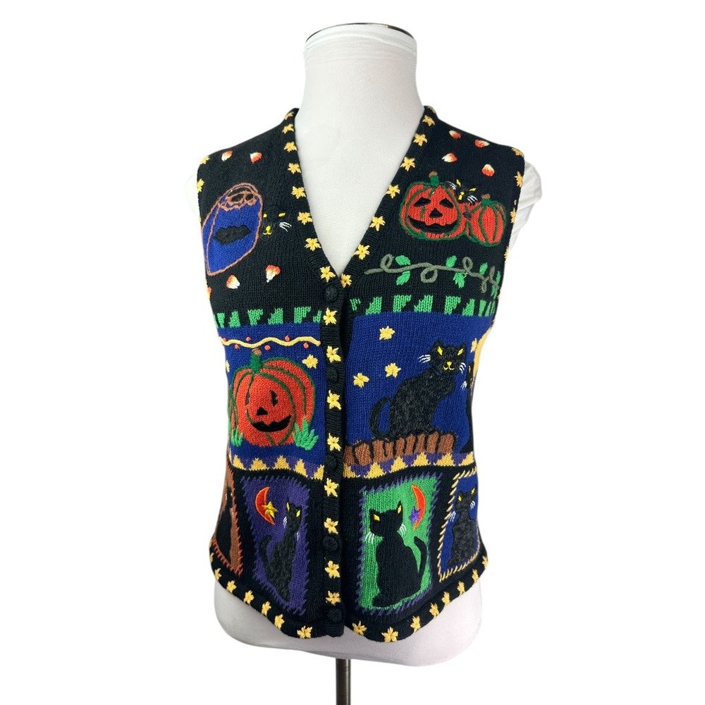 Hampshire Studio BOO! Halloween Sweater Vest Embroidered Pumpkin Black Cat M - Picture 3 of 15